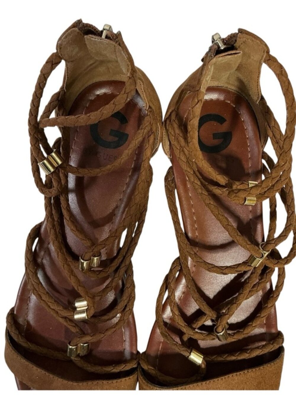Guess Gladiator Sandals Suede Leather Strappy Gold Accents Brown 8 1/2 Medium - Picture 12 of 16